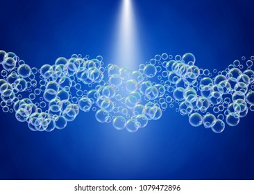 Cleaning foam on gradient background. Realistic water bubbles 3d. Cool rainbow colored liquid foam with shampoo bubbles. Horizontal cosmetic flyer and invite. Cleaning soap foam for bath and shower.