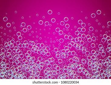 Cleaning foam on gradient background. Realistic water bubbles 3d. Cool rainbow colored liquid foam with shampoo bubbles. Horizontal cosmetic flyer and invite. Cleaning soap foam for bath and shower.