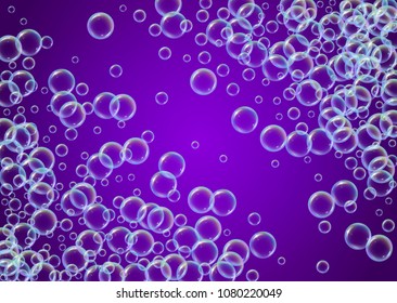 Cleaning foam on gradient background. Realistic water bubbles 3d. Cool rainbow colored liquid foam with shampoo bubbles. Horizontal cosmetic flyer and invite. Cleaning soap foam for bath and shower.