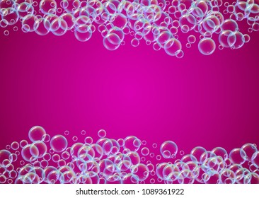 Cleaning foam on gradient background. Realistic water bubbles 3d. Cool rainbow colored liquid foam with shampoo bubbles. Horizontal cosmetic flyer and invite. Cleaning soap foam for bath and shower.