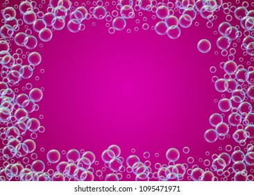 Cleaning foam on gradient background. Realistic water bubbles 3d. Cool rainbow colored liquid foam with shampoo bubbles. Horizontal cosmetic flyer and invite. Cleaning soap foam for bath and shower.