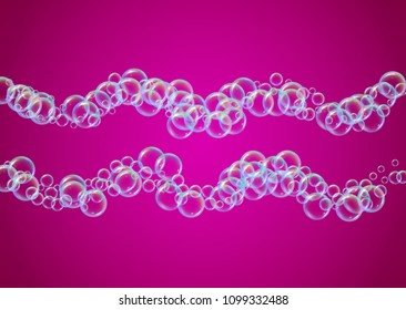 Cleaning foam on gradient background. Realistic water bubbles 3d. Cool rainbow colored liquid foam with shampoo bubbles. Horizontal cosmetic flyer and invite. Cleaning soap foam for bath and shower.
