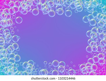 Cleaning foam on gradient background. Realistic water bubbles 3d. Cool rainbow colored liquid foam with shampoo bubbles. Horizontal cosmetic flyer and invite. Cleaning soap foam for bath and shower.