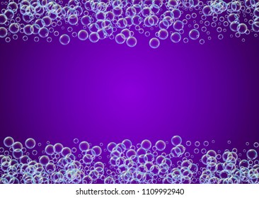 Cleaning foam on gradient background. Realistic water bubbles 3d. Cool rainbow colored liquid foam with shampoo bubbles. Horizontal cosmetic flyer and invite. Cleaning soap foam for bath and shower.
