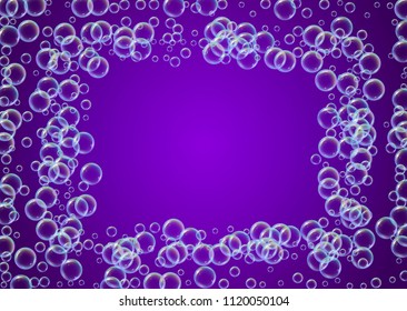 Cleaning foam on gradient background. Realistic water bubbles 3d. Cool rainbow colored liquid foam with shampoo bubbles. Horizontal cosmetic flyer and invite. Cleaning soap foam for bath and shower.