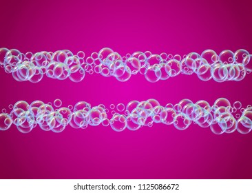 Cleaning foam on gradient background. Realistic water bubbles 3d. Cool rainbow colored liquid foam with shampoo bubbles. Horizontal cosmetic flyer and invite. Cleaning soap foam for bath and shower.