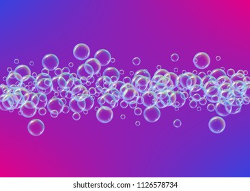 Cleaning foam on gradient background. Realistic water bubbles 3d. Cool rainbow colored liquid foam with shampoo bubbles. Horizontal cosmetic flyer and invite. Cleaning soap foam for bath and shower.