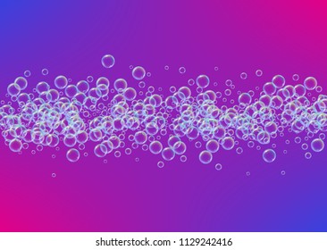 Cleaning foam on gradient background. Realistic water bubbles 3d. Cool rainbow colored liquid foam with shampoo bubbles. Horizontal cosmetic flyer and invite. Cleaning soap foam for bath and shower.