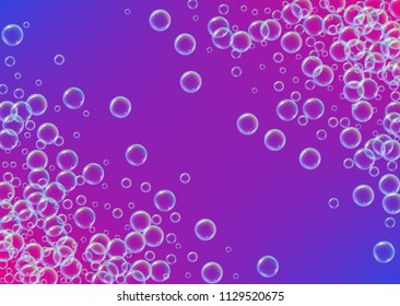 Cleaning foam on gradient background. Realistic water bubbles 3d. Cool rainbow colored liquid foam with shampoo bubbles. Horizontal cosmetic flyer and invite. Cleaning soap foam for bath and shower.