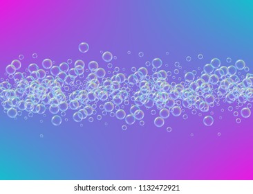 Cleaning foam on gradient background. Realistic water bubbles 3d. Cool rainbow colored liquid foam with shampoo bubbles. Horizontal cosmetic flyer and invite. Cleaning soap foam for bath and shower.