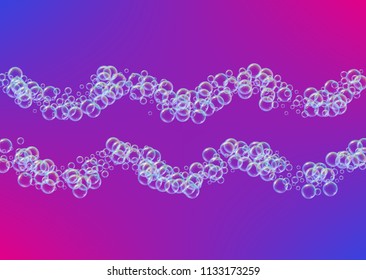 Cleaning foam on gradient background. Realistic water bubbles 3d. Cool rainbow colored liquid foam with shampoo bubbles. Horizontal cosmetic flyer and invite. Cleaning soap foam for bath and shower.