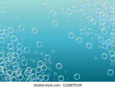 Cleaning foam on gradient background. Realistic water bubbles 3d. Cool rainbow colored liquid foam with shampoo bubbles. Horizontal cosmetic flyer and invite. Cleaning soap foam for bath and shower.