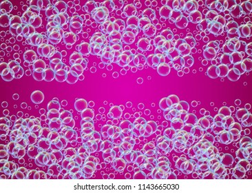 Cleaning foam on gradient background. Realistic water bubbles 3d. Cool rainbow colored liquid foam with shampoo bubbles. Horizontal cosmetic flyer and invite. Cleaning soap foam for bath and shower.