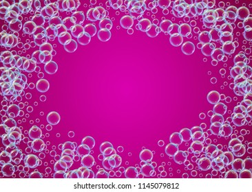 Cleaning foam on gradient background. Realistic water bubbles 3d. Cool rainbow colored liquid foam with shampoo bubbles. Horizontal cosmetic flyer and invite. Cleaning soap foam for bath and shower.