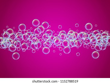 Cleaning foam on gradient background. Realistic water bubbles 3d. Cool rainbow colored liquid foam with shampoo bubbles. Horizontal cosmetic flyer and invite. Cleaning soap foam for bath and shower.