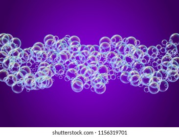 Cleaning foam on gradient background. Realistic water bubbles 3d. Cool rainbow colored liquid foam with shampoo bubbles. Horizontal cosmetic flyer and invite. Cleaning soap foam for bath and shower.