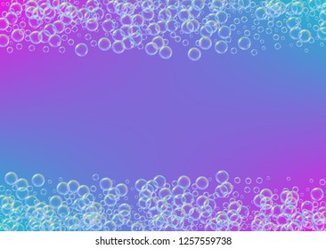 Cleaning foam on gradient background. Realistic water bubbles 3d. Cool rainbow colored liquid foam with shampoo bubbles. Horizontal cosmetic flyer and invite. Cleaning soap foam for bath and shower.