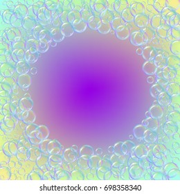 Cleaning foam on gradient background. Realistic water bubbles 3d. Cool rainbow colored liquid foam with shampoo bubbles. Cosmetic flyer and invite. Cleaning soap for bath and shower.