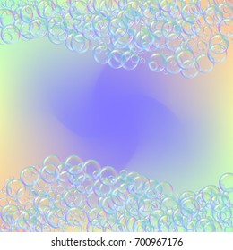 Cleaning foam on gradient background. Realistic water bubbles 3d. Cool rainbow colored liquid foam with shampoo bubbles. Cosmetic flyer and invite. Cleaning soap for bath and shower.