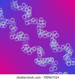 Cleaning foam on gradient background. Realistic water bubbles 3d. Cool rainbow colored liquid foam with shampoo bubbles. Cosmetic flyer and invite. Cleaning soap for bath and shower.