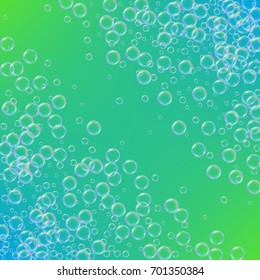 Cleaning foam on gradient background. Realistic water bubbles. Cool rainbow colored liquid foam with shampoo bubbles. Cosmetic flyer and invite. Cleaning soap for bath and shower.