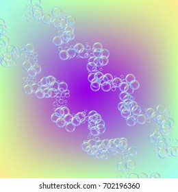 Cleaning foam on gradient background. Realistic water bubbles 3d. Cool rainbow colored liquid foam with shampoo bubbles. Cosmetic flyer and invite. Cleaning soap for bath and shower.