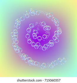 Cleaning foam on gradient background. Realistic water bubbles 3d. Cool rainbow colored liquid foam with shampoo bubbles. Cosmetic flyer and invite. Cleaning soap for bath and shower.