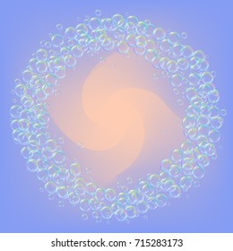 Cleaning foam on gradient background. Realistic water bubbles 3d. Cool rainbow colored liquid foam with shampoo bubbles. Cosmetic flyer and invite. Cleaning soap for bath and shower.