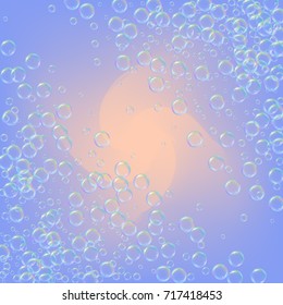 Cleaning foam on gradient background. Realistic water bubbles 3d. Cool rainbow colored liquid foam with shampoo bubbles. Cosmetic flyer and invite. Cleaning soap for bath and shower.