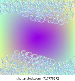 Cleaning foam on gradient background. Realistic water bubbles 3d. Cool rainbow colored liquid foam with shampoo bubbles. Cosmetic flyer and invite. Cleaning soap for bath and shower.