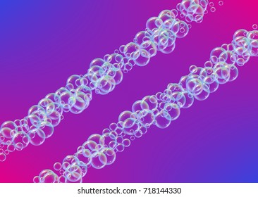 Cleaning foam on gradient background. Realistic water bubbles 3d. Cool rainbow colored liquid foam with shampoo bubbles. Horizontal cosmetic flyer and invite. Cleaning soap foam for bath and shower.