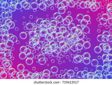 Cleaning foam on gradient background. Realistic water bubbles 3d. Cool rainbow colored liquid foam with shampoo bubbles. Horizontal cosmetic flyer and invite. Cleaning soap foam for bath and shower.