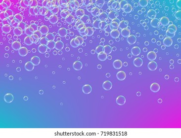Cleaning foam on gradient background. Realistic water bubbles 3d. Cool rainbow colored liquid foam with shampoo bubbles. Horizontal cosmetic flyer and invite. Cleaning soap foam for bath and shower.