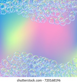 Cleaning foam on gradient background. Realistic water bubbles 3d. Cool rainbow colored liquid foam with shampoo bubbles. Cosmetic flyer and invite. Cleaning soap for bath and shower.