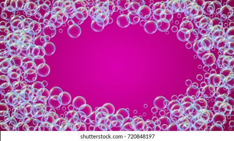 Cleaning foam on gradient background. Realistic water bubbles 3d. Cool rainbow colored liquid foam with shampoo bubbles. Cosmetic flyer and invite. Cleaning soap foam for bath and shower.