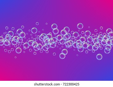 Cleaning foam on gradient background. Realistic water bubbles 3d. Cool rainbow colored liquid foam with shampoo bubbles. Horizontal cosmetic flyer and invite. Cleaning soap foam for bath and shower.
