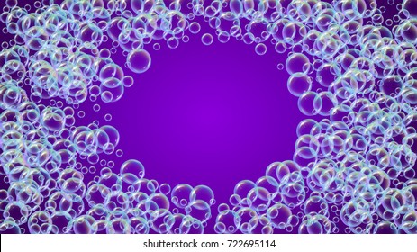 Cleaning foam on gradient background. Realistic water bubbles 3d. Cool rainbow colored liquid foam with shampoo bubbles. Cosmetic flyer and invite. Cleaning soap foam for bath and shower.