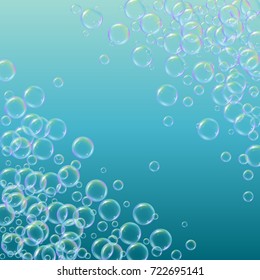Cleaning foam on gradient background. Realistic water bubbles 3d. Cool rainbow colored liquid foam with shampoo bubbles. Cosmetic flyer and invite. Cleaning soap for bath and shower.