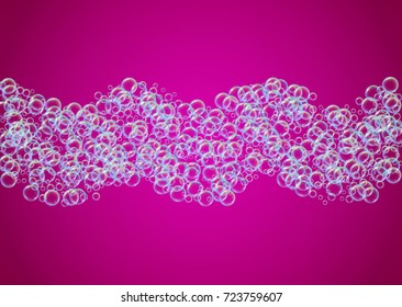 Cleaning foam on gradient background. Realistic water bubbles 3d. Cool rainbow colored liquid foam with shampoo bubbles. Horizontal cosmetic flyer and invite. Cleaning soap foam for bath and shower.