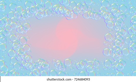 Cleaning foam on gradient background. Realistic water bubbles 3d. Cool rainbow colored liquid foam with shampoo bubbles. Cosmetic flyer and invite. Cleaning soap foam for bath and shower.