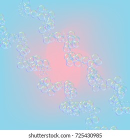 Cleaning foam on gradient background. Realistic water bubbles 3d. Cool rainbow colored liquid foam with shampoo bubbles. Cosmetic flyer and invite. Cleaning soap for bath and shower.