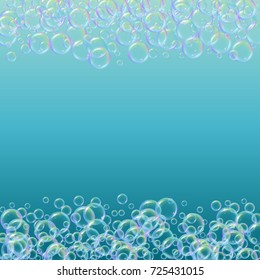 Cleaning foam on gradient background. Realistic water bubbles 3d. Cool rainbow colored liquid foam with shampoo bubbles. Cosmetic flyer and invite. Cleaning soap for bath and shower.