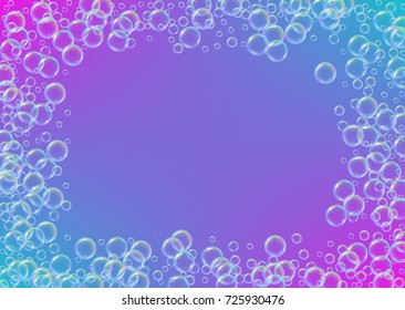 Cleaning foam on gradient background. Realistic water bubbles 3d. Cool rainbow colored liquid foam with shampoo bubbles. Horizontal cosmetic flyer and invite. Cleaning soap foam for bath and shower.