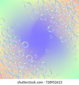 Cleaning foam on gradient background. Realistic water bubbles 3d. Cool rainbow colored liquid foam with shampoo bubbles. Cosmetic flyer and invite. Cleaning soap for bath and shower.
