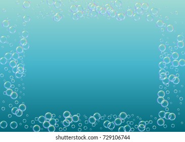 Cleaning foam on gradient background. Realistic water bubbles 3d. Cool rainbow colored liquid foam with shampoo bubbles. Horizontal cosmetic flyer and invite. Cleaning soap foam for bath and shower.