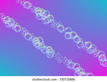 Cleaning foam on gradient background. Realistic water bubbles. Cool rainbow colored liquid foam with shampoo bubbles. Horizontal cosmetic flyer and invite. Cleaning soap foam for bath and shower.