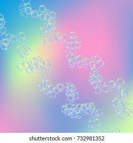 Cleaning foam on gradient background. Realistic water bubbles 3d. Cool rainbow colored liquid foam with shampoo bubbles. Cosmetic flyer and invite. Cleaning soap for bath and shower.