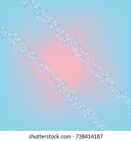 Cleaning foam on gradient background. Realistic water bubbles 3d. Cool rainbow colored liquid foam with shampoo bubbles. Cosmetic flyer and invite. Cleaning soap for bath and shower.