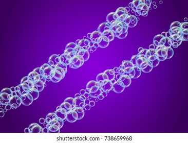 Cleaning foam on gradient background. Realistic water bubbles 3d. Cool rainbow colored liquid foam with shampoo bubbles. Horizontal cosmetic flyer and invite. Cleaning soap foam for bath and shower.