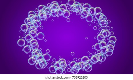 Cleaning foam on gradient background. Realistic water bubbles 3d. Cool rainbow colored liquid foam with shampoo bubbles. Cosmetic flyer and invite. Cleaning soap foam for bath and shower.